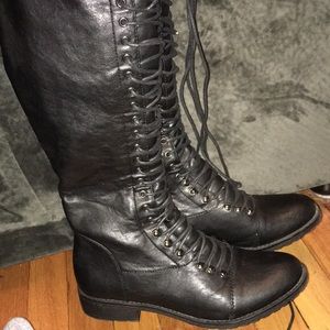 Black faux leather tie up knee boots worn 1x 8.5